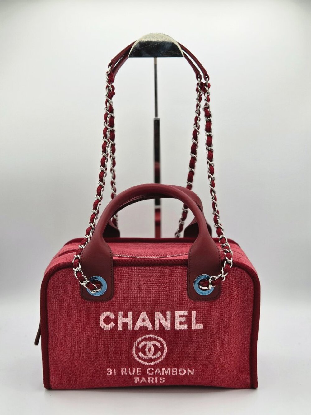 Chanel Deauville Bowling Bag – Red Canvas & Leather | Chain Handle Tote |